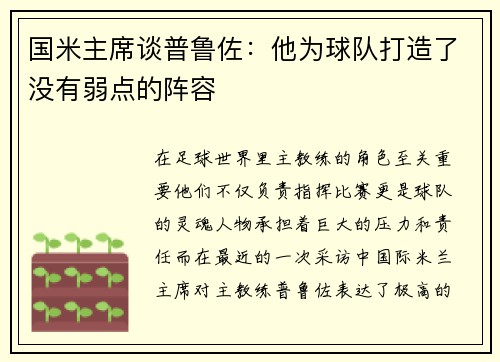 国米主席谈普鲁佐：他为球队打造了没有弱点的阵容