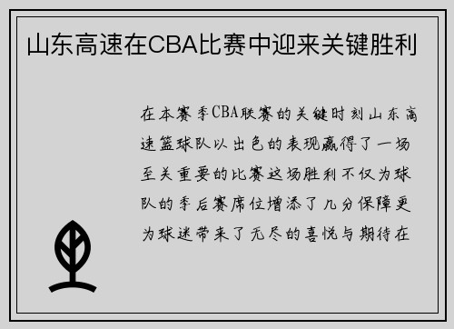 山东高速在CBA比赛中迎来关键胜利